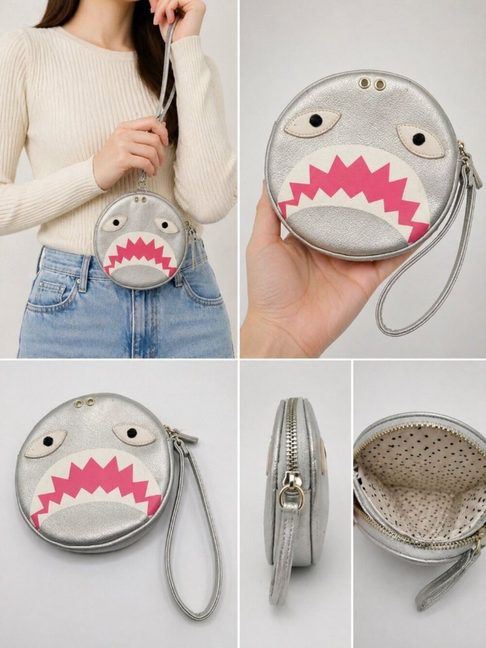 Luv Betsey Shark Face Silver Wristlet with Pink Interior & Zip Closure